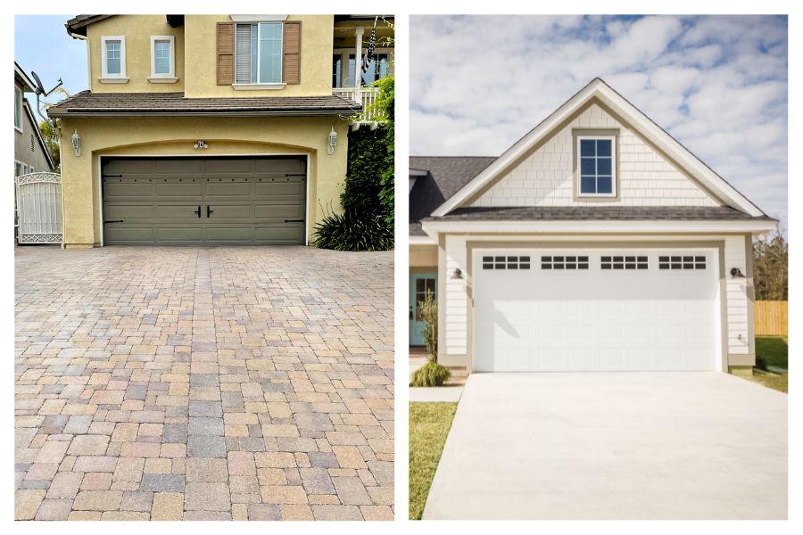 Side-by-side comparison of interlocking driveway pavers and a concrete driveway